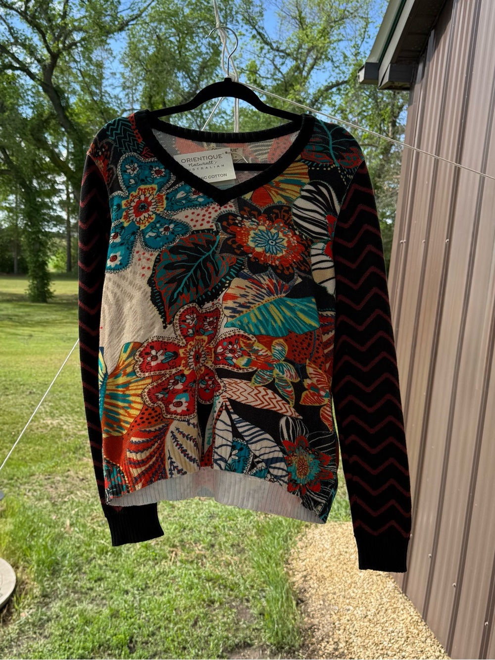 Orientique Multicolor Floral V-Neck Sweater with Black Trim
